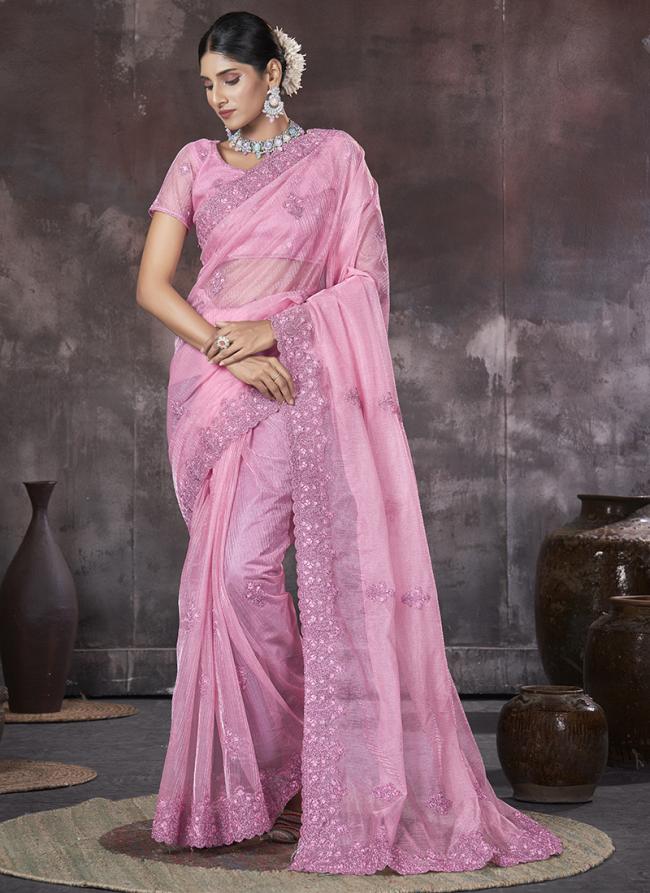 Organza Pink Party Wear Embroidery Work Saree